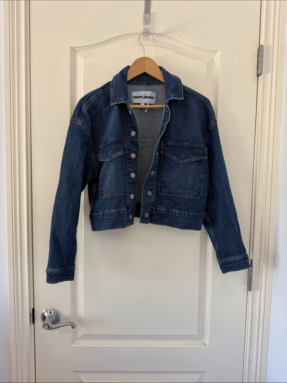Dkny Dark Blue Cropped Denim Jacket with Button Front